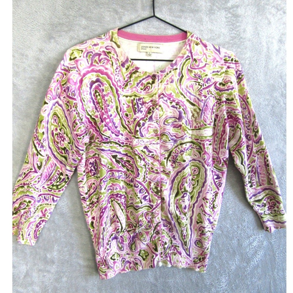 Jones New York Sport Paisley Print Cardigan Sweater Pink Green Purple Size L